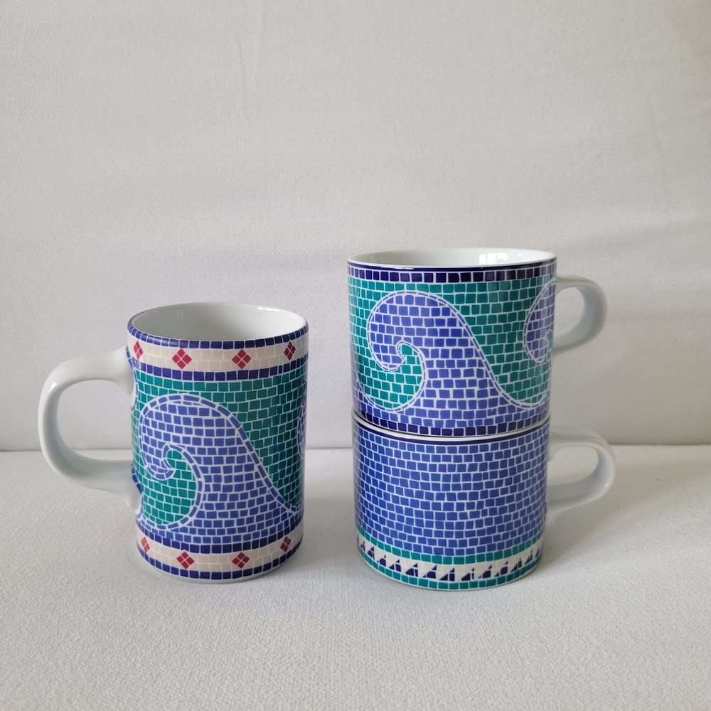 Vintage Dansk Bistro Mosaic Blue Japan Stackable Ceramic Coffee Mug Set - 3 PC